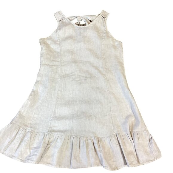 Terzo Mellennio Italian Linen Shift Sun Dress Back Tie Ruffle Hem L Beige #267K - Picture 2 of 9